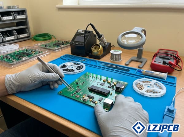 PCB assembly workstation with components and tools