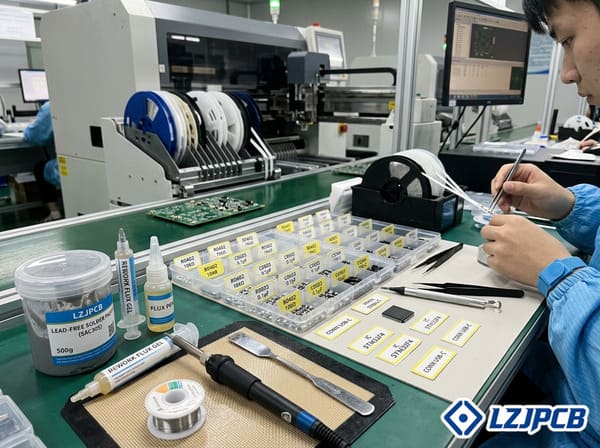 Various PCB assembly materials including solder paste, flux, and components