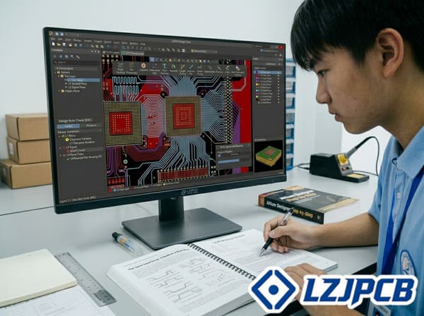 Engineer learning PCB design on computer with reference materials