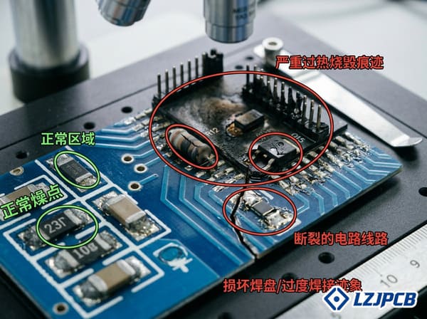 Failed PCB board showing visible damage
