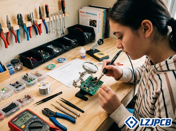 Home electronics workbench with PCB assembly tools