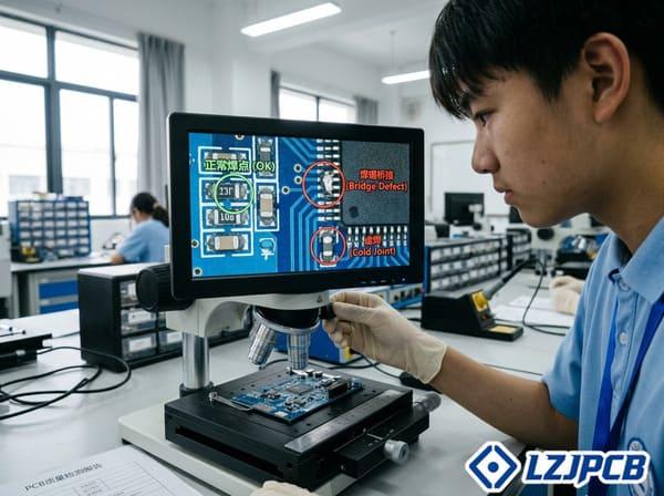 PCB assembly defects under inspection microscope