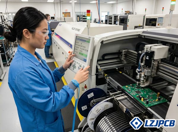 PCB assembly technician working with pick and place machine