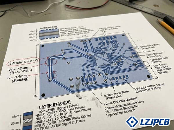 PCB design showing 3W rule application with measurements