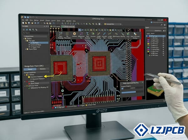 PCB design software interface showing complex circuit layout