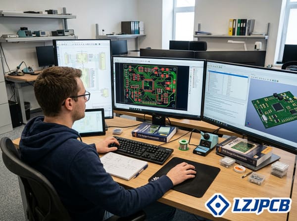 PCB designer working at workstation with multiple monitors
