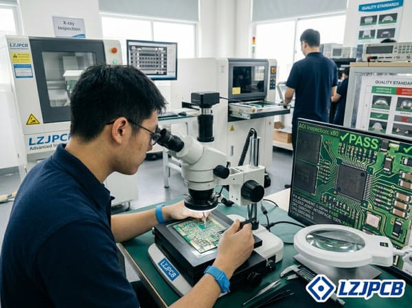 PCB prototype boards being inspected