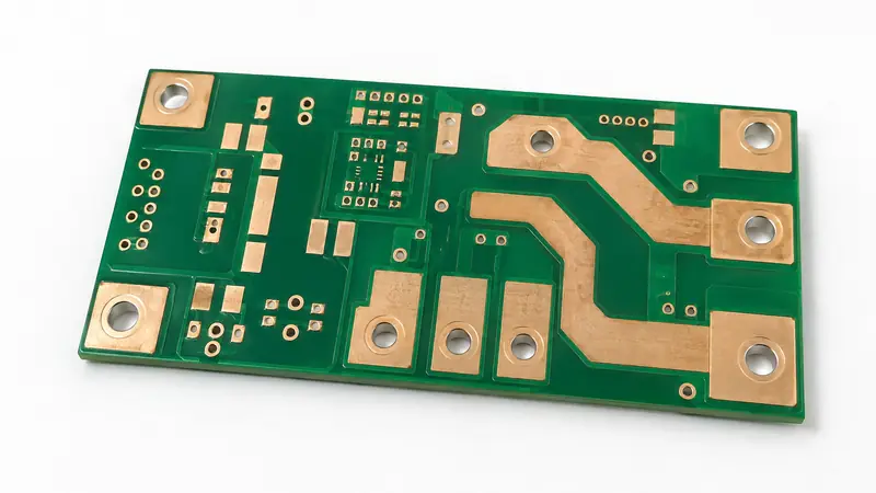 Heavy copper PCB showing thick copper traces for high-current power applications