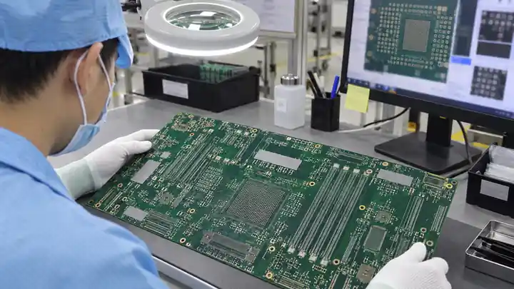 34-layer server motherboard PCB showing high-density routing and back-drill via structures -- redacted