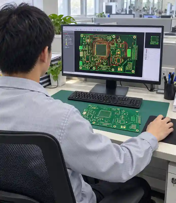 Engineer reviewing Gerber files and stackup diagrams on screen in a warm-lit workspace